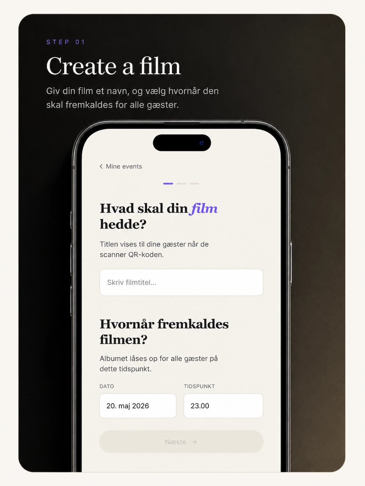 App-skærm hvor man opretter en ny film med titel og dato