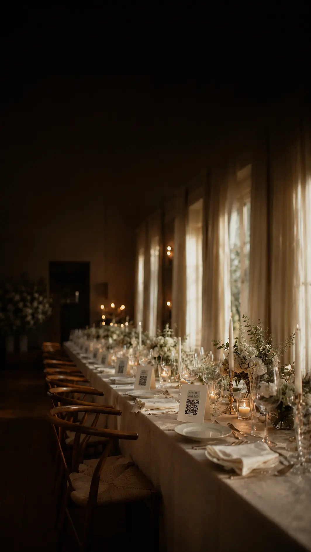 Smukt pyntet festlokale med bordopstilling